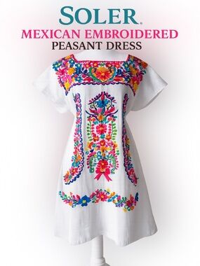 Mexican Embroidered Floral Dress XL Boho Folk Art Cotton Tunic